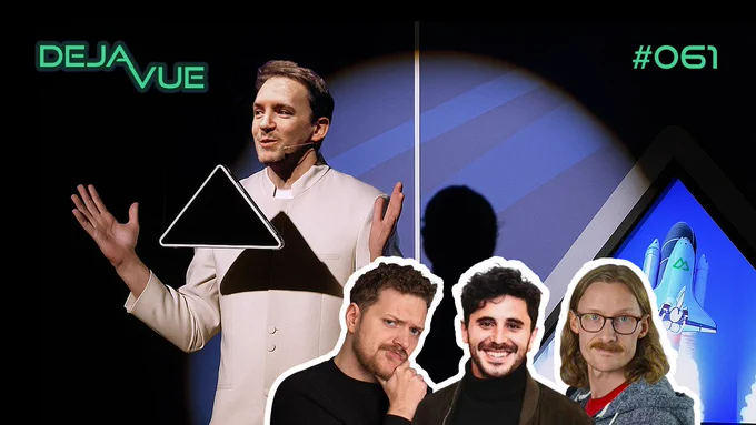 DejaVue Episode 061 thumbnail inspired by Jim Halperts "The Pyramid" speech in the office. Daniel Roe in white formal clothes showing a black triangle, while Alex, Sebastien and Michael watch at the bottom.