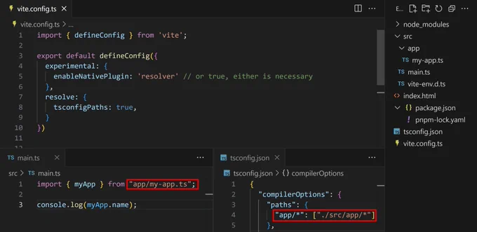 Picture of VS Code with an open minimal Vite project. The Vite config only sets `experimental.enableNativePlugin` to "resolver" with a comment saying "// or true, either is necessary", and "resolve.tsconfigPaths" to true.

The tsconfig.json has `compilerOptions.paths` set to `{ "app/*": ["./src/app/*"]`. Eventually, the path resolution is used automatically (wtih autocomplete too!) in src/main.ts when using `import { App } from "app/my-app.ts`, instead of `import { App } from "./src/app/my-app.ts"`!
