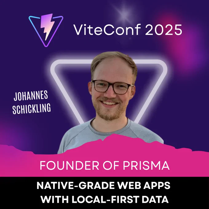 Speaker card of Johannes Schickling for ViteConf 2025. It contains his Job Title, "Founder of Prisma", and his talk title "Native-Grade Web Apps with Local-First Data"