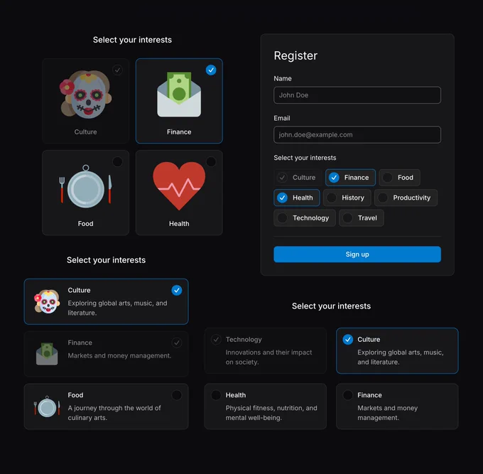A composite image displaying different UI patterns for selecting interests on a dark background. The variations include large graphical cards, smaller tag-like buttons within a registration form, and detailed rectangular cards with descriptions.