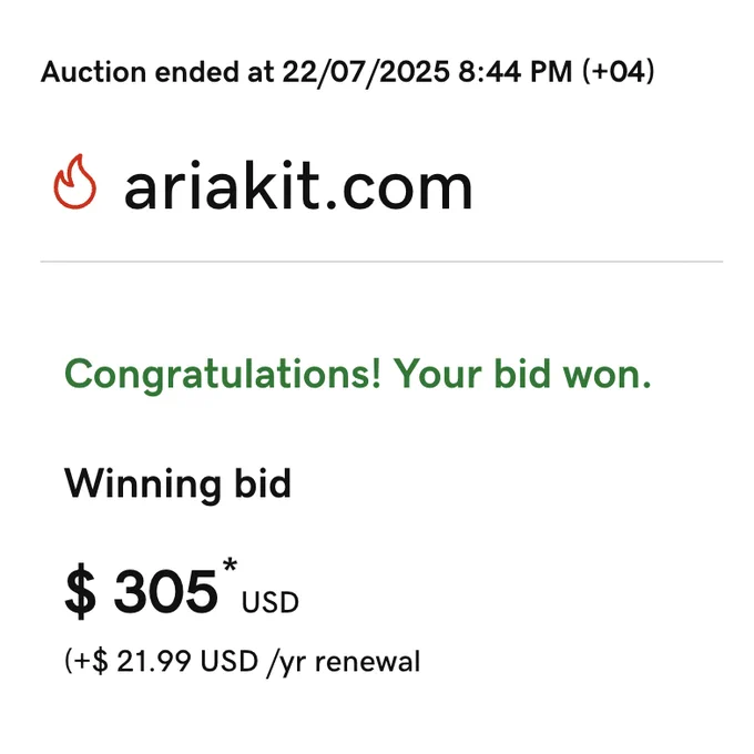 A notification showing a winning bid for the "ariakit.com" domain. The text reads, "Congratulations! Your bid won," with a winning bid of $305 USD and a yearly renewal cost of $21.99 USD.
