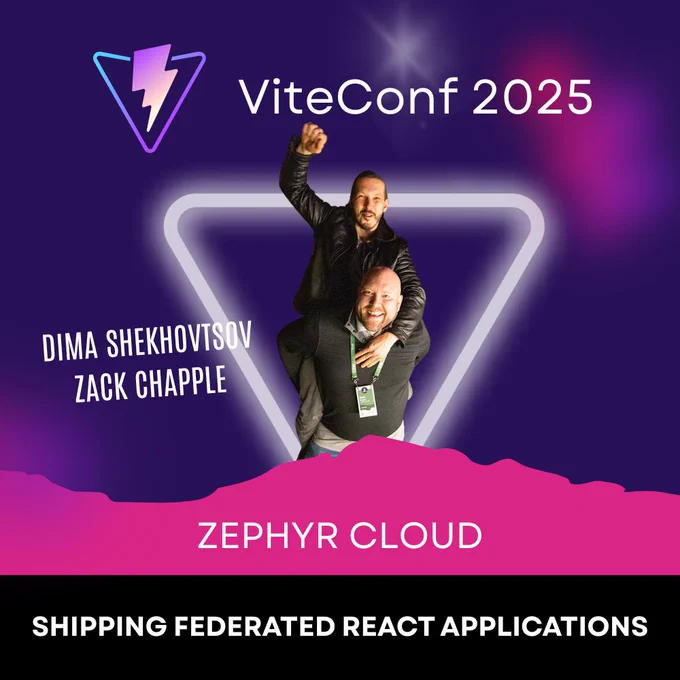 The ViteConf 2025 speaker card for Zack Chapple and Dima Shekhovtsov from Zephyr Cloud. Their talk will be about shipping federated React applications