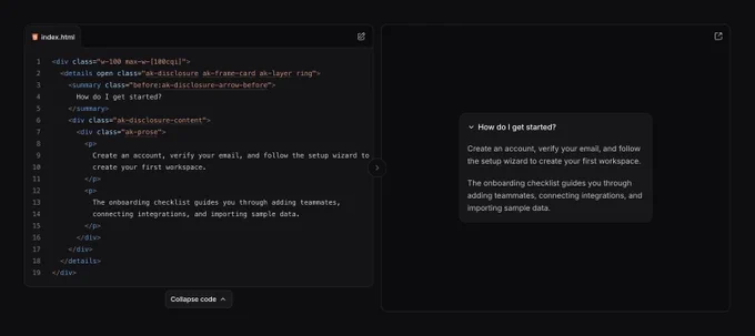 Split-view code playground with HTML details/summary accordion and a rendered disclosure card preview