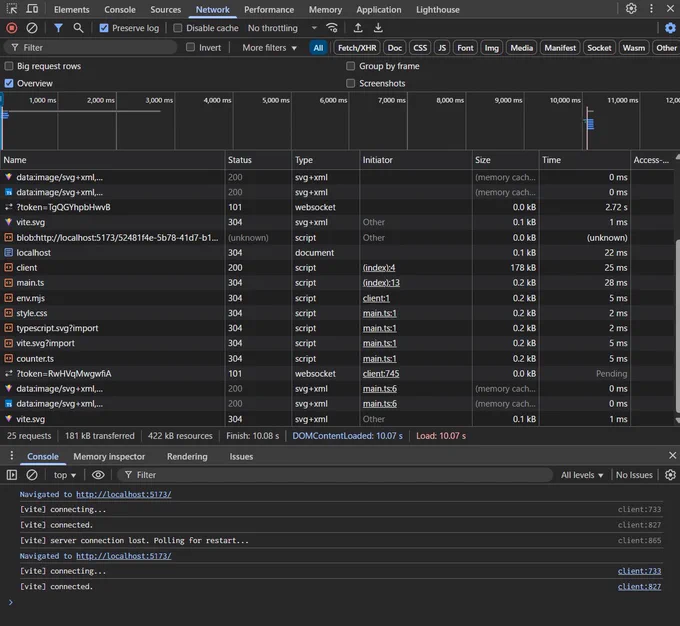 A screenshot of chrome dev tools without WebSocket errors using Vite 7.1.