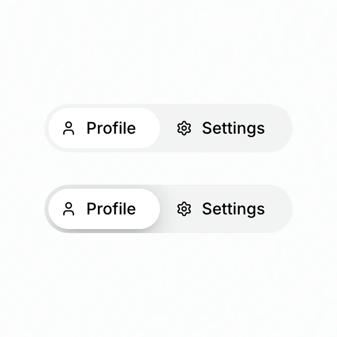 A visual comparison of two segmented toggle switches with "Profile" selected. The top version uses a flat white pill for the active state with no shadow, blending smoothly with the track. The bottom version adds a visible drop shadow to the white pill, giving it a lifted, floating appearance.
