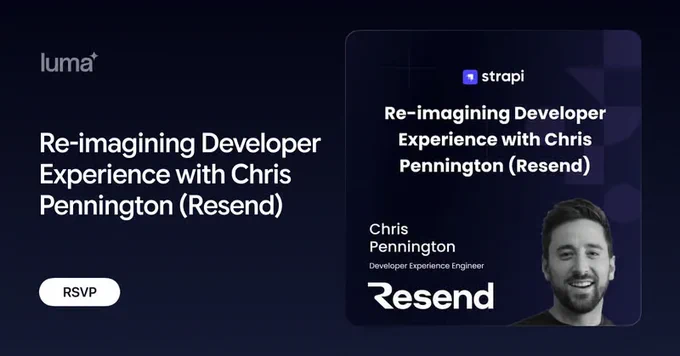 Webinar announcement: Chris Pennington, Developer Experience Engineer at Resend, presents "Re-imagining Developer Experience"; RSVP button included.