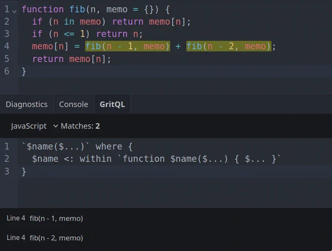 Screenshot of Biome's playground showcasing a query that can highlight recursive function calls.