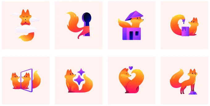 オレンジからピンクのグラデーションで描かれたキツネのキャラクターによる、8種類のコンセプトイラストのバリエーション。

上段（左から右）
1. 瞑想・クラウド： 雲の間で目を閉じ、座禅を組むように浮遊するキツネ。精神統一やクラウドサービスを想起させるデザイン。

2. セキュリティ・鍵穴： 紫色の鍵穴のシルエットを通り抜ける、あるいは鍵穴に巻き付くキツネの長い尻尾。

3. 住宅・ホーム： 紫色の家のようなボックスに入り、屋根を帽子のように被って顔を出すキツネ。

4. クリエイティブ・ペイント： 自分の尻尾の先を筆のように使い、紫色のバケツから絵の具を塗っているようなポーズのキツネ。

下段（左から右）
5. 自己反省・ミラー： 鏡に映った自分を見つめるキツネ。鏡の中と外で対照的なポーズをとっている。

6. インスピレーション・輝き： お座りをしたキツネの背後に、紫色のキラキラとした星（スパークル）が舞っているデザイン。

7. 愛・ハート： 身体と尻尾を丸めて、全体でハートの形を作っているキツネ。頭上には小さな紫のハートが浮いている。

8. リーダーシップ・展望： 紫色の岩の上に立ち、遠くを力強く見つめるキツネの全身像。