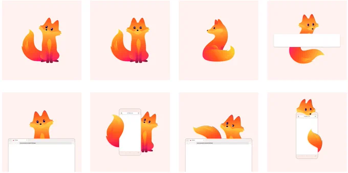 「キツネ」のイラストやマスコットをテーマにした、8つの異なるデザイン案を並べた画像。それぞれのパネルには、オレンジからピンクのグラデーションで表現されたスタイリッシュなキツネが、異なるポーズやシチュエーションで描かれています。

上段左から：

斜め上を見上げる、座ったキツネ。

正面を向いて座るキツネ。

横を向いて丸まったキツネ。

正面を向いて座るキツネの前に、白い四角いバーが置かれたデザイン。

下段左から：
5. ノートパソコンの画面の上から、顔を覗かせるキツネ。
6. スマートフォンの後ろに隠れながら、顔を出すキツネ。
7. ノートパソコンの画面の横から、顔と尻尾を出すキツネ。
8. スマートフォンの画面の上に、ちょこんと座るキツネ。