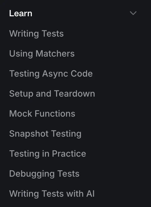 Nav bar of Vitest's "learn" section in the docs, showing menu items like "Using Matchers" or "Writing Tests with AI"