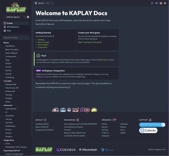 KAPLAY documentation featuring Basics, Concepts, Advanced and Integrations