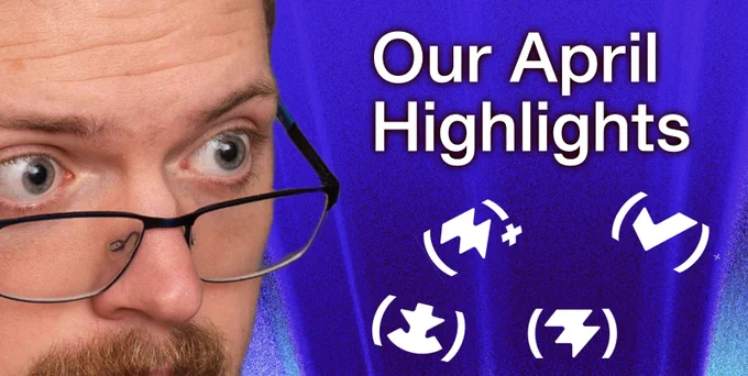 Thumbnail of the April Highlights video showing a man with glasses looking suspenseful, the title "Our April Highlights" and icons of Vite+, Vitest, Vite and Oxc.
