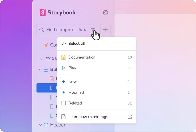 Filter menu open, with items for New, Modified, and Related