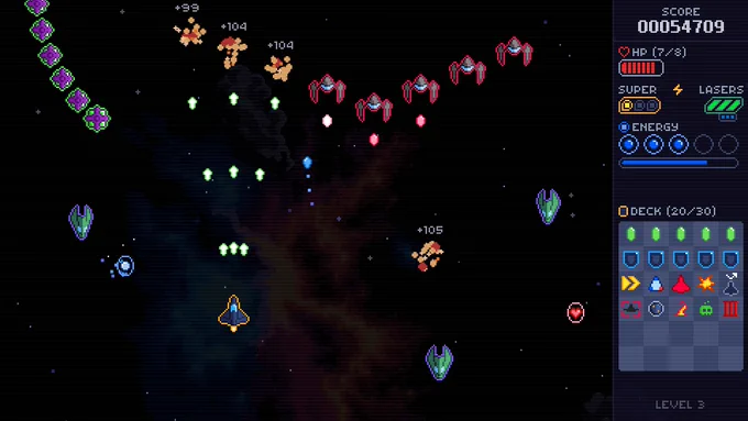 Screenshot from SpaceDeck X, a ship shooting enemies and dodging projectiles