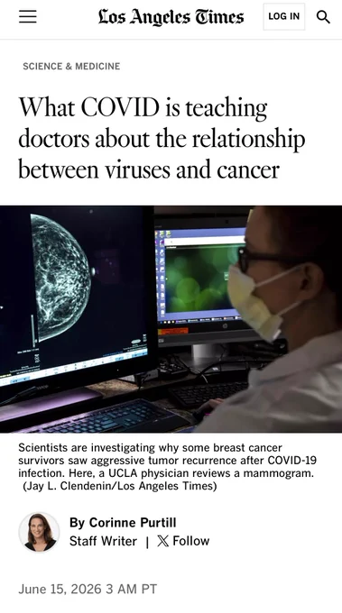 Sceeenshot of LA Times headline reading: “What COVID is teaching doctors about the relationship between viruses and cancer”