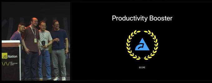 On the right, Biome, the winner of the Productivity Booster. On the left, the two MCs of the JS Nation are taking a picture with the two maintainers of the Biome project.