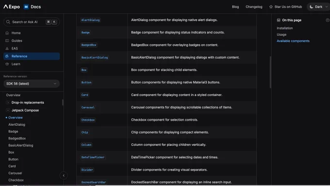 List of a web page consisting of components shipped with Expo UI. Read more - https://docs.expo.dev/versions/latest/sdk/ui/jetpack-compose/#available-components