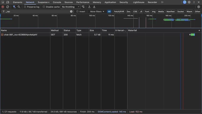 Network panel displaying a single fetch request with status 200, showing details like method, time, and transferred data.