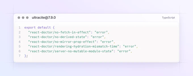 Code snippet displays ESLint rules for React with error settings for various state management and rendering issues in a TypeScript format.