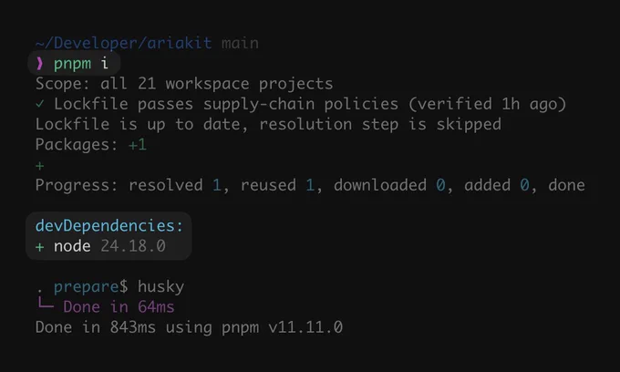 Terminal output showing the successful execution of the pnpm i command in the ariakit repository, adding node version 24.18.0