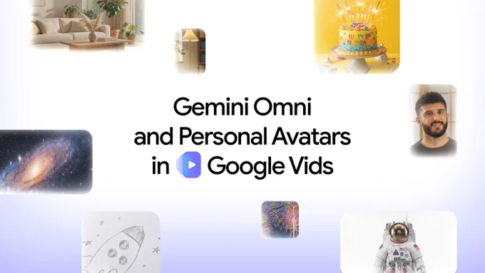 A graphic with a soft blue and purple gradient background. In the center, black text reads "Gemini Omni and Personal Avatars in Google Vids," featuring the Google Vids icon.

Surrounding the central text are several floating, rounded images: a bright living room, a glowing floor lamp, a colorful birthday cake with sparklers, a swirling galaxy, a headshot of a smiling bearded man, a pencil sketch of a rocket ship, bursting fireworks, and an astronaut in a spacesuit.