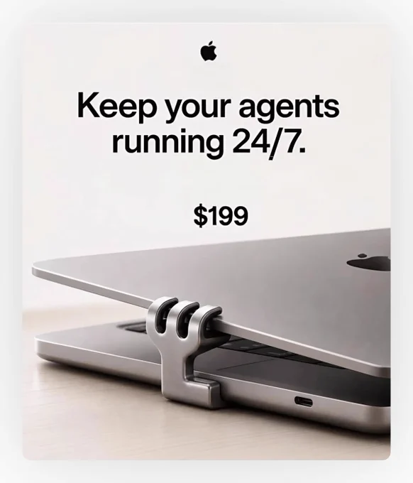 A sleek Apple laptop partially closed with an accessory clamp, promoting a service priced at $199, emphasizing constant operation.